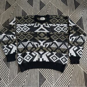 Vintage 90s Expressions Sweater Men Large Gray Black Geometric Knit Grandpa